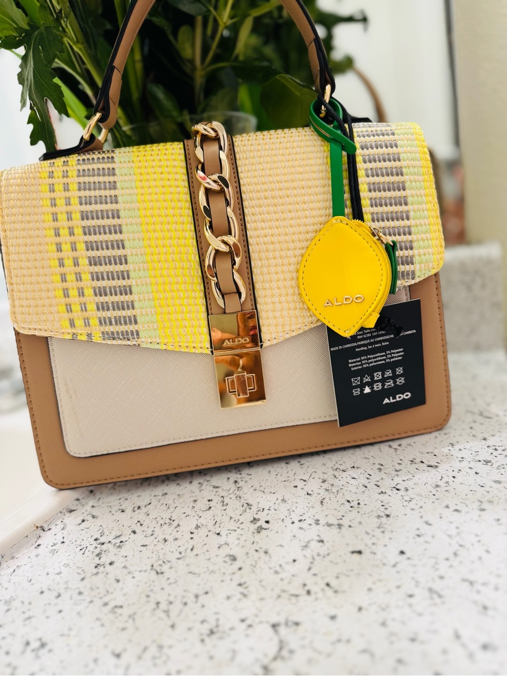 ALDO Tan, Yellow & Cream Woven Top-Handle Satchel